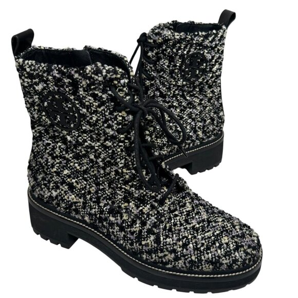 TORY BURCH Miller 50MM Lug Sole Tweed & Leather Combat Boots Bootie New Size 10 - Picture 2 of 7
